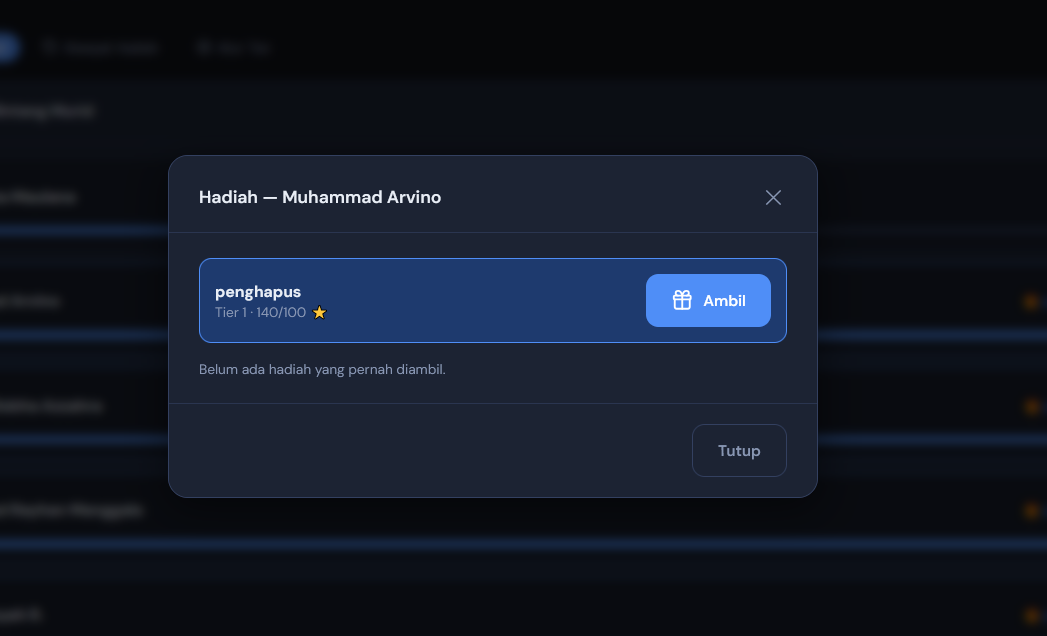 Klik ikon hadiah pada murid yang 'siap diambil' → konfirmasi pengambilan