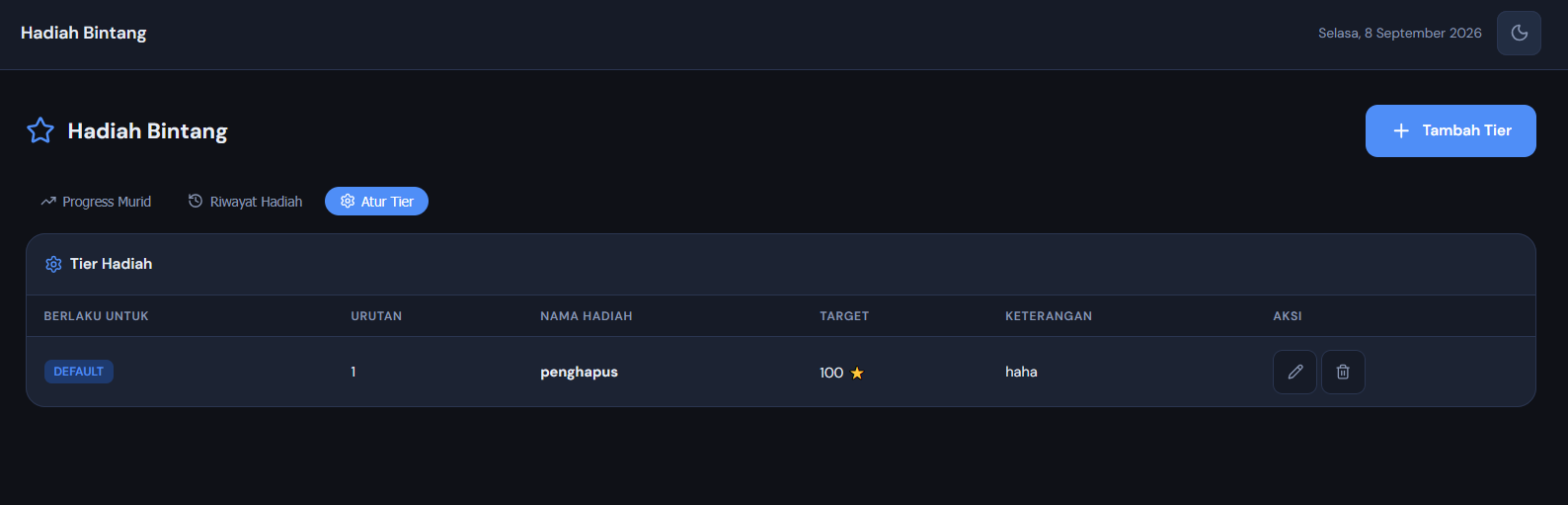 Tab Atur Tier: daftar tingkatan hadiah (bisa untuk semua murid / program tertentu)