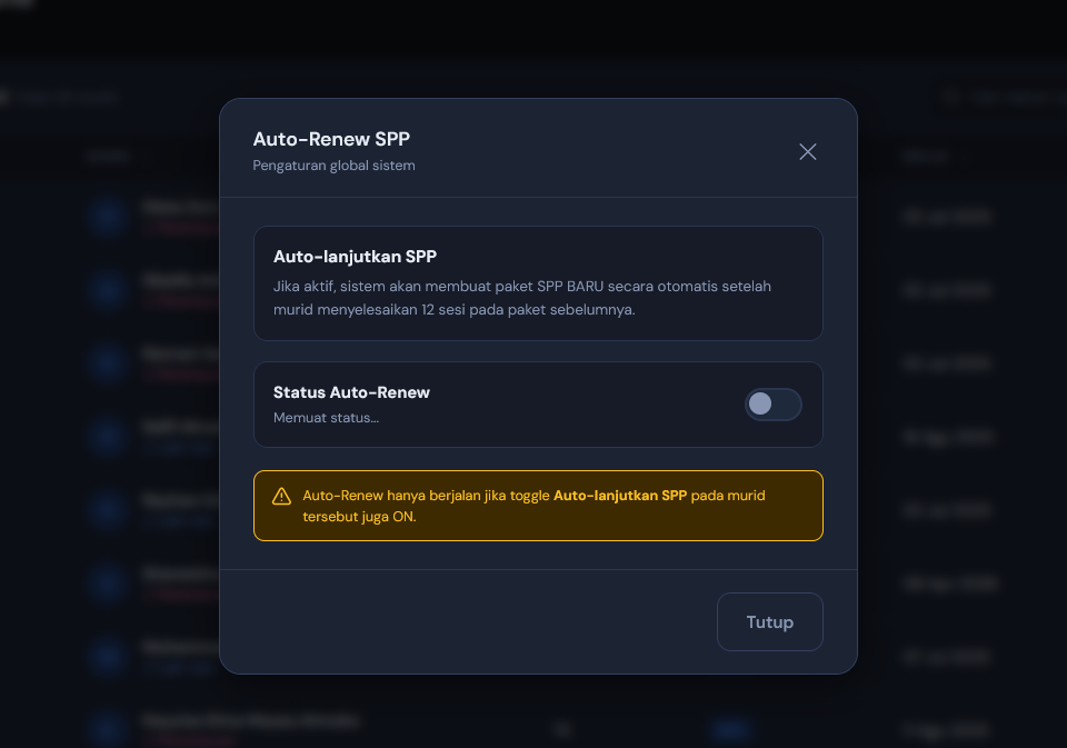 Auto-Renew SPP: kalau ON, paket baru otomatis dibuat begitu murid selesai 12 sesi (syarat: toggle per-murid juga ON)