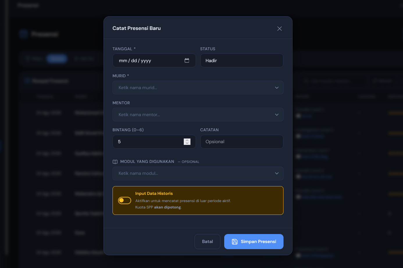 Form Catat Presensi — toggle 'Input Data Historis' dipakai kalau mencatat di luar periode aktif (kuota SPP tetap dipotong)