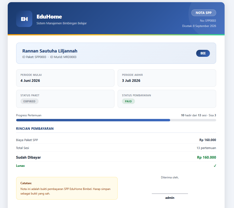 Nota SPP yang bisa dicetak/di-download sebagai bukti bayar