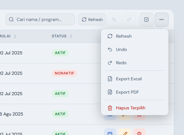 Menu titik tiga (⋯) di tabel: Refresh, Undo/Redo, Export Excel/PDF, dan Hapus Terpilih